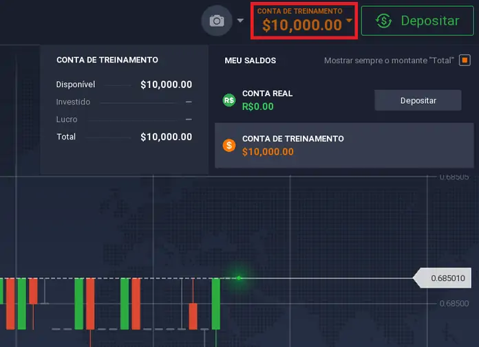 Clicar em CONTA DE TREINAMENTO e mudar para CONTA REAL
