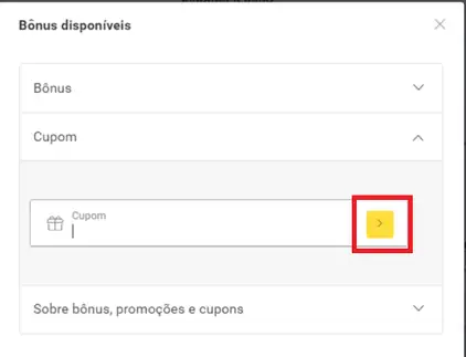 Informe o cupom e clique no botão amarelo