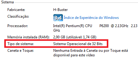 processador em Tipo de sistema