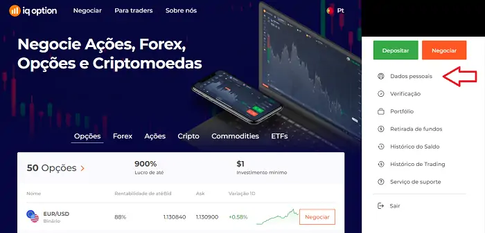 pagina inicial da IQ Option